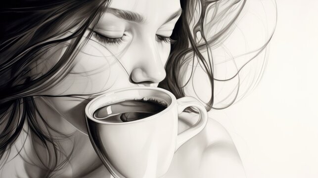  a drawing of a woman holding a cup of coffee with her eyes closed and her hair blowing in the wind.