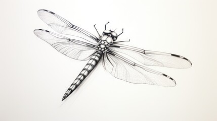  a black and white drawing of a dragonfly on a white background with a shadow of it's wings.