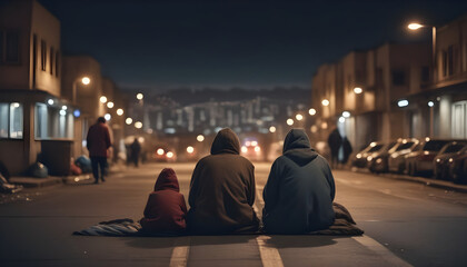 Obraz premium Homeless family living on the streets, at night, facing away from camera, blurred town in the background