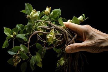 A person holding a wilted and dying plant, depicting the challenges of gardening and plant care. Concept of horticultural difficulties. Generative Ai. - obrazy, fototapety, plakaty