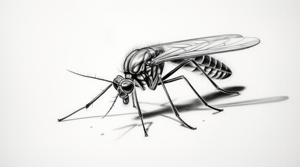  a black and white photo of a mosquito on a white background with a shadow of a fly on the ground.