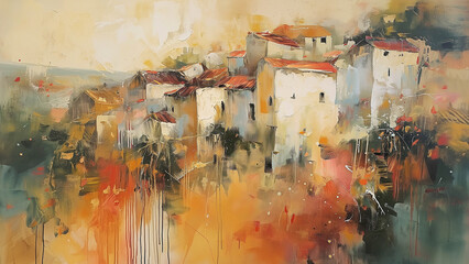 French village abstract painting - obrazy, fototapety, plakaty