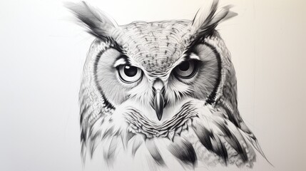  a black and white drawing of an owl's head with big eyes and a feathered headband on it's head.