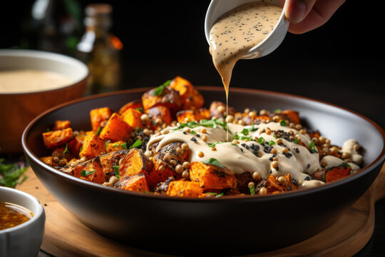 A close-up of a person drizzling tahini over a bowl of roasted sweet potatoes and chickpeas. Concept of a flavorful and nutritious vegan dish. Generative Ai.