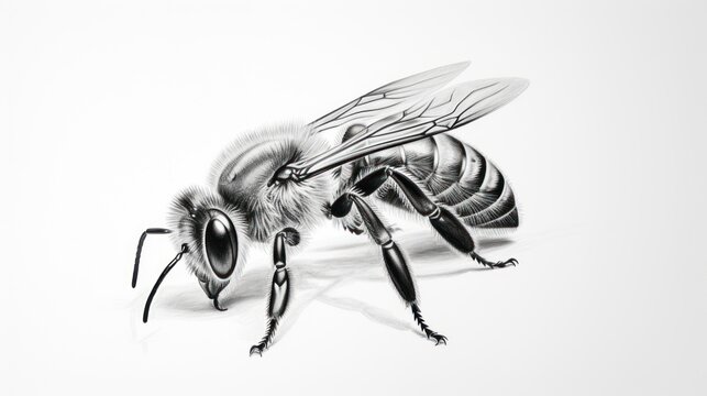  a black and white drawing of a bee on a white background with a shadow of a bee in the middle of the image.