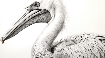  a black and white drawing of a pelican with a long neck and a long bill, standing in front of a white background.