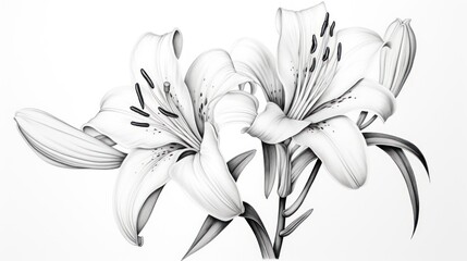  a black and white drawing of a bunch of lilies on a white background with a black and white border.