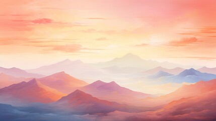 Obraz premium a painting of a sunset over a mountain range with a pink and blue sky in the background and clouds in the foreground.
