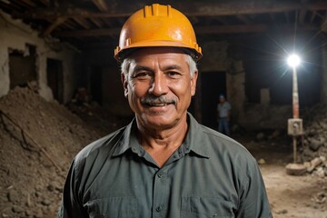 Aged and experienced Hispanic construction foreman worker in a developing area with architecture and infrastructure - obrazy, fototapety, plakaty