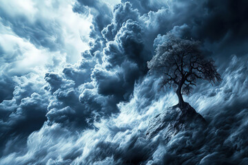 An image showcasing the stark contrast between a solitary tree's silhouette and the deep, foreboding hues of dark clouds, a dramatic interplay of light and shado - obrazy, fototapety, plakaty
