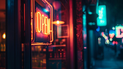 Colorful "Open" neon lighting banner white blurred of light bulbs bokeh in dark environment. Selective focus