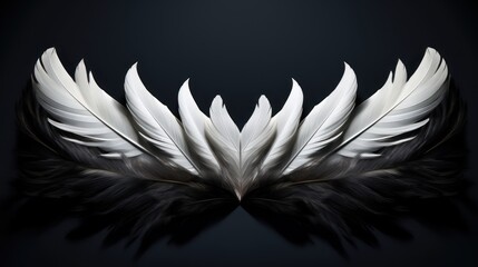  a close up of a white and black feather on a black background with a reflection of it's feathers.
