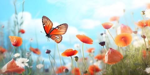 poppy flowers in the field,A swarm of colorful butterflies fluttering around a blooming field of flowers,generative AI