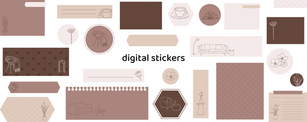 Cozy home digital stickers. Digital note papers and stickers for bullet journaling or planning. Digital planner stickers. Vector art. - 699845386