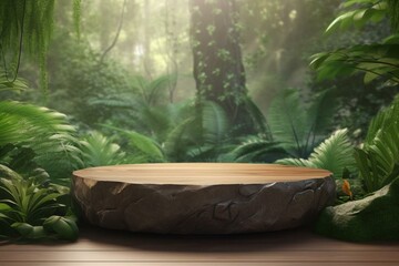 Wooden tabletop on a boulder placed among an exotic jungle. Podium platform for product presentation. Summertime background. 3D render. 3d illustration. Generative AI - obrazy, fototapety, plakaty
