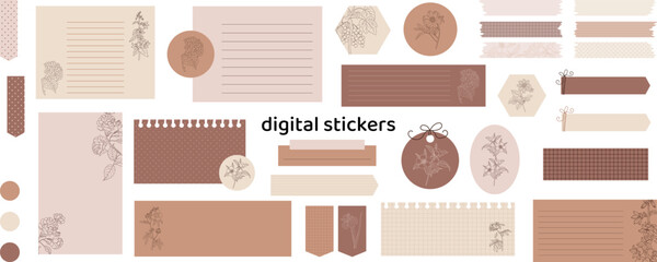 Floral digital stickers. Digital note papers and stickers for bullet journaling or planning. Digital planner stickers. Vector art. - 699845526