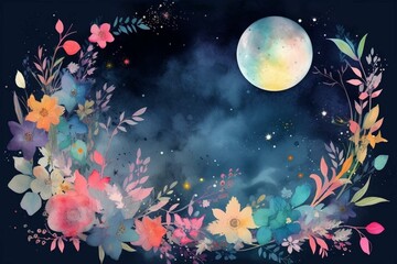 watercolour style , moon floral stars, magical, deep colours , dreamy, Generative AI