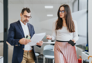 Business people collaborating, discussing project details and strategizing for successful growth.