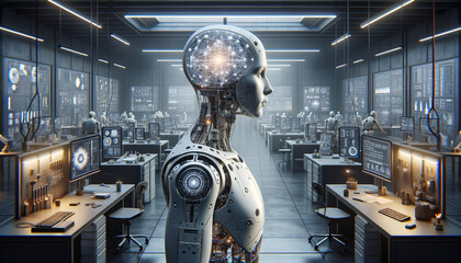Ethical AI: Transparent-headed humanoid robot in sleek workspace with streamlined gadgets. - obrazy, fototapety, plakaty