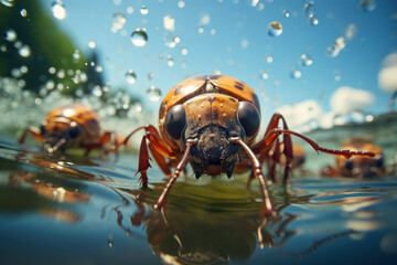 A group of beetles participating in a synchronized swimming routine in a puddle, showcasing the unexpected talents of aquatic insects. Concept of synchronized beetle swimming. Generative Ai. - obrazy, fototapety, plakaty