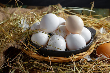 Fresh chicken eggs in a nest of dried grass blades. A tasty ingredient for preparing any healthy food.