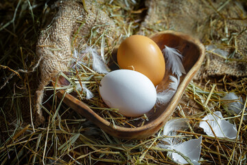 Fresh chicken eggs in a nest of dried grass blades. A tasty ingredient for preparing any healthy...