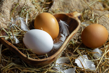 Chicken eggs on dry grass, on an old background