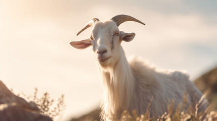 Goat on the sunny meadow. Domestic farm animal. Portrait of white friendly goat. Goat with long fur. Golden hour time. 