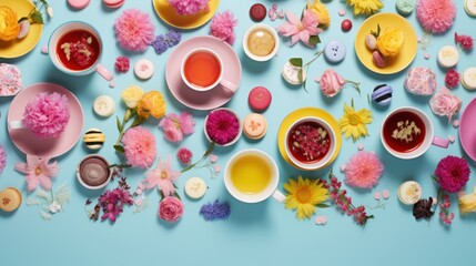  a table topped with bowls filled with different types of flowers and cups of tea next to each other on top of a blue surface. - obrazy, fototapety, plakaty