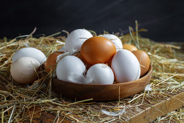 Chicken eggs, in a nest of feathered blades of grass, on an old background.