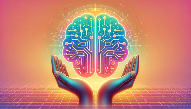 Serene digital brain diagram with calming gradients for machine learning concept.