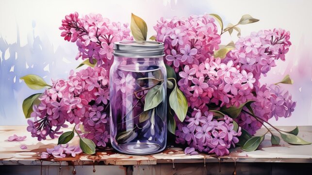  a painting of purple lilacs in a glass jar on a wooden table next to a painting of purple lilacs in a glass jar.