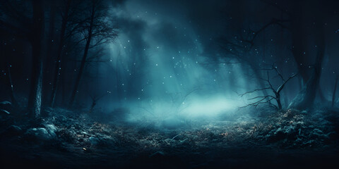 Dark Winter Forest,Enchanting Backdrop,Scary Cold Halloween ,Night scene with tree and stars, generative AI