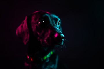 A black labrador and colorful lights
