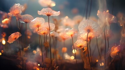  a close up of a bunch of flowers with a blurry image in the background of the flowers and the light of the sun shining through the petals.