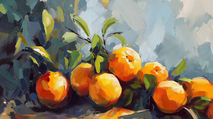 Oranges oil paint drawing. Fruit in a painting in the Impressionist style. Canvas texture with big...