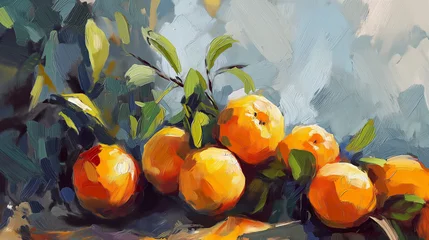 Gartenposter Oranges oil paint drawing. Fruit in a painting in the Impressionist style. Canvas texture with big brush strokes.  © Diana