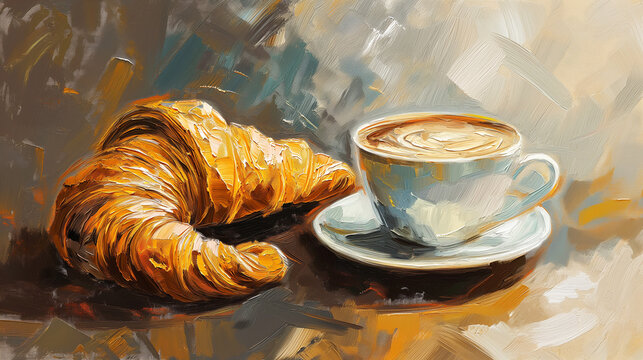 Cup of coffee and croissant oil paint drawing. French breakfast illustration. Cappuccino in a painting in the Impressionist style. Canvas texture with big brush strokes. Hot drink with sweet baking.