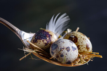 Fresh quail eggs in a nest of dried grass blades. A tasty ingredient for preparing any healthy food.