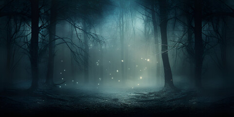 Dark Winter Forest,Enchanting Backdrop,Scary Cold Halloween ,Night scene with tree and stars, generative AI