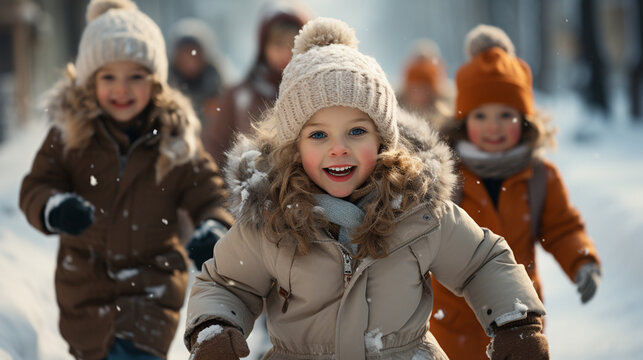 Little children playing outside with snow, happy picture