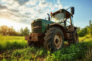 A large tractor on a farm working on a field.