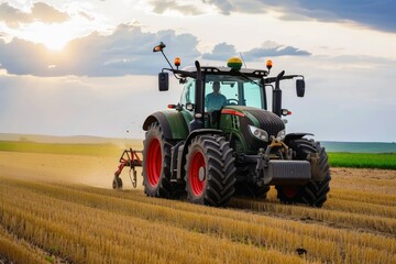 Obraz premium A large tractor working on a field with big machines.