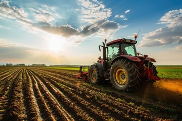 Obraz premium A large tractor working on a field with big machines.