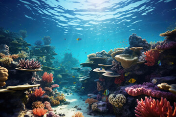 A vibrant coral reef teeming with marine life, showcasing the biodiversity and delicate ecosystems of underwater worlds. Concept of coral reef vitality. Generative Ai.