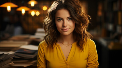 Fototapeta premium The girl in the yellow shirt in the library