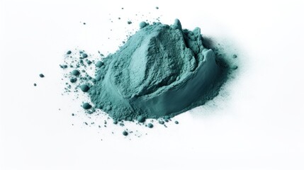 Spirulina or chlorella green powder on white background. Dried seaweed. Healthy superfood. Matcha Powder. Close up. Food supplement. For advertising, packaging, label, market, food blog