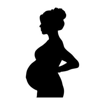 Silueta aislada de mujer embarazada desnuda de pie con mano en la cadera de perfil