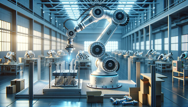 State-of-the-art AI robotic arm assembling machinery components in a modern industrial setting.