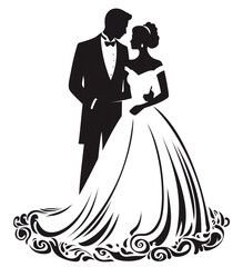 a silhouette of a man and woman in a wedding dress